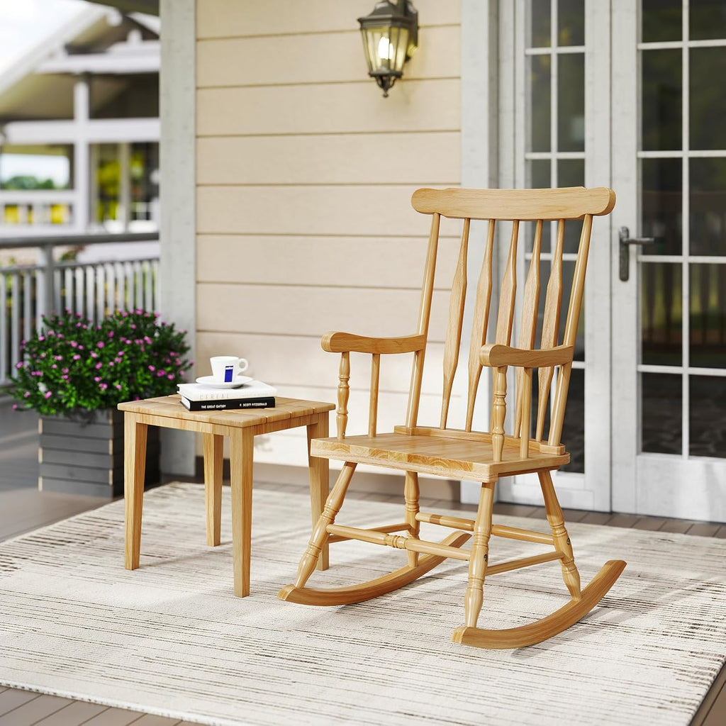 Tangkula Patio Rocking Chair Solid Wood, Outdoor Porch Rocker Chair with Rubber Wood Frame, Indoor Wooden Rocking Chair, Ideal for Garden, Backyard & Balcony (1, Natural)