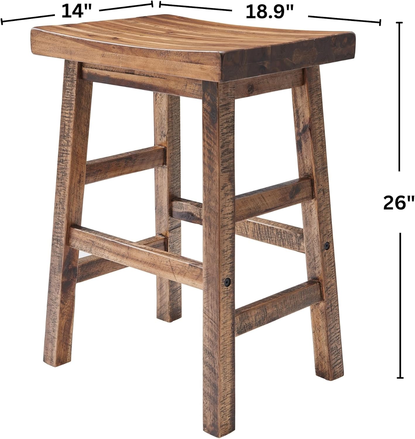 Alaterre Furniture Durango 26-Inch Tall Industrial Wood Counter-Height Stool Bar Stool, Kitchen, Seating, Vintage-Style Saddle Seat, Comfort, Rustic Industrial, Light or Dark Tone Lacquer Finish