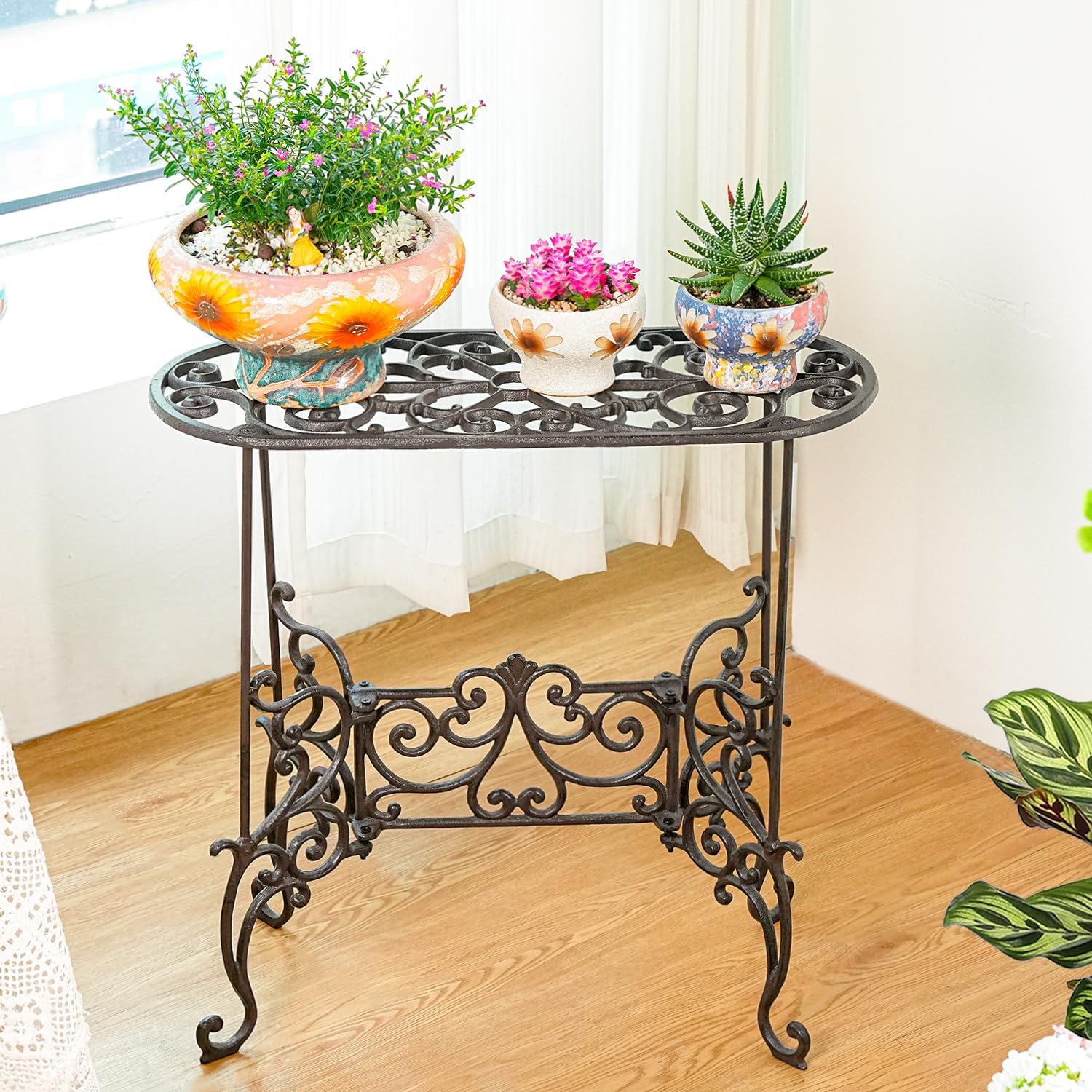 Sungmor Heavy Duty Cast Iron Potted Plant Stand Garden Table - 22.6IN. 1 Tier Metal Stands - Decorative & Vintage Style Indoor Outdoor Corner Shelf for Planters Vases Lanterns Ornaments Books and More