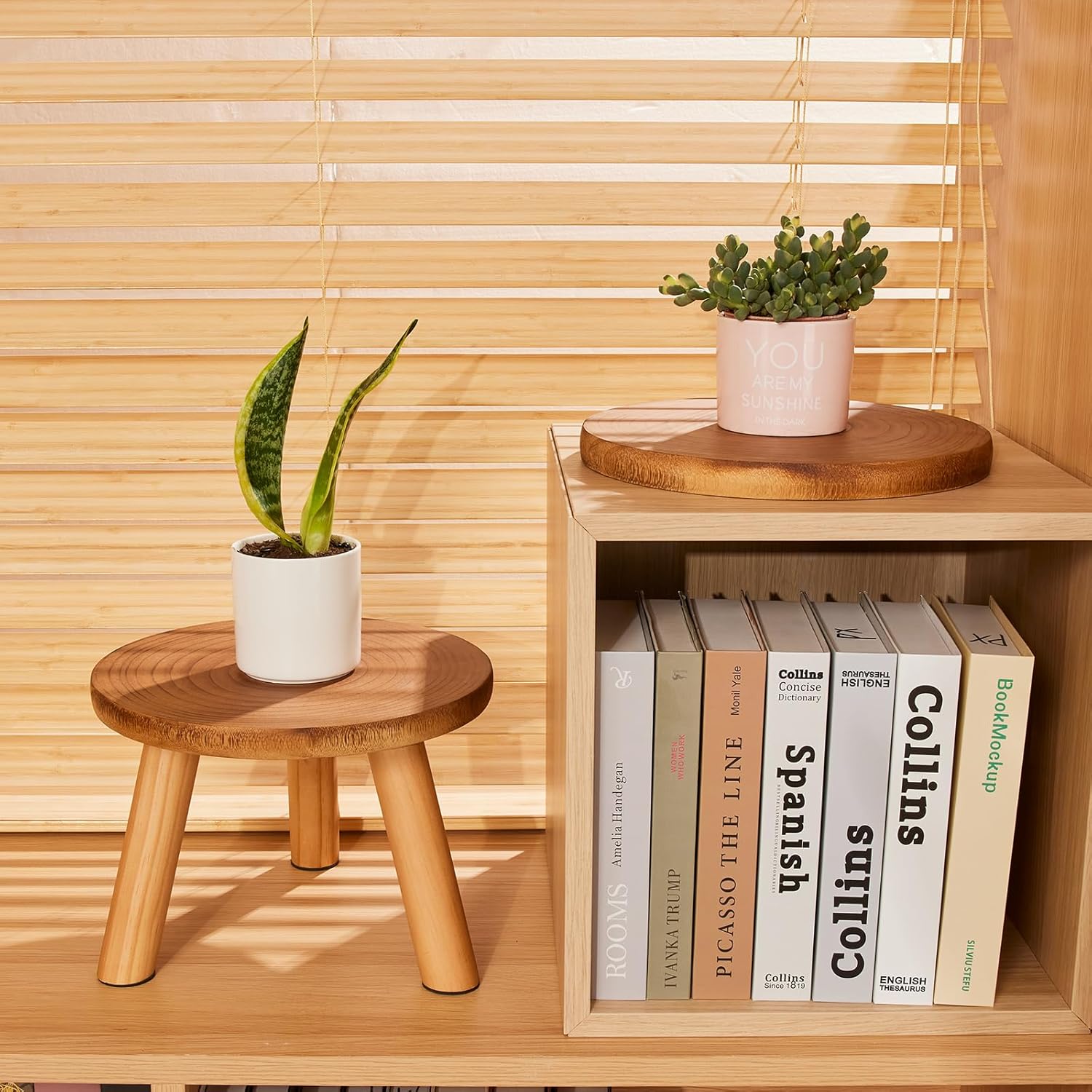 Yanbaga 2 Pack Wood Plant Stand Indoor,11-12" Mid Century Modern Plant Stand Holder with Growth Ring,Plant Stool Display Stand for Flower Pots ,Outdoor, Garden,Patio