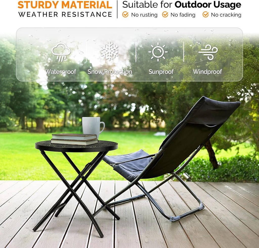 Folding Outdoor Side Tables, Small Patio Table Round Metal End Table with Flower Cutouts for Porch Yard Balcony Deck Lawn, Black