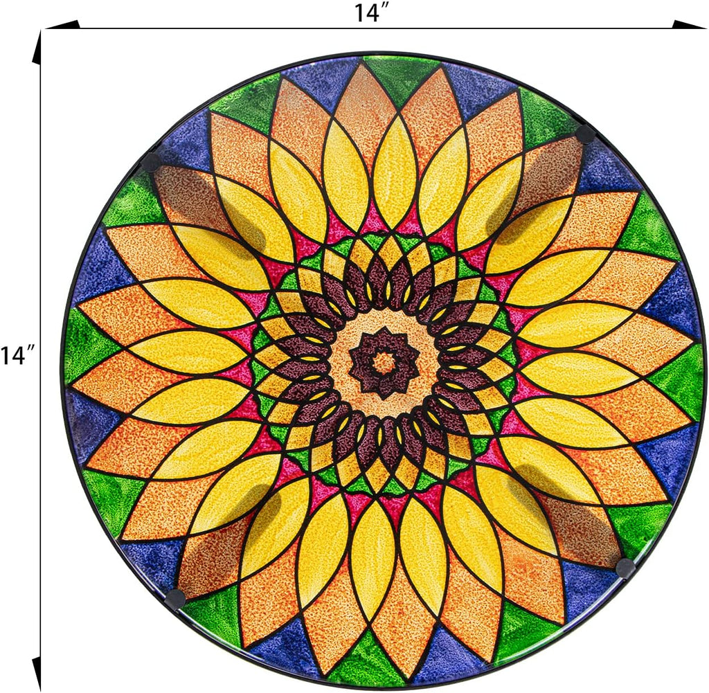 VCUTEKA Sunflower Outdoor Side Table, Mosaic Design, Small Glass Top, Round, Patio Side Table, Balcony Coffee Table, Indoor, 14 inches, Yellow