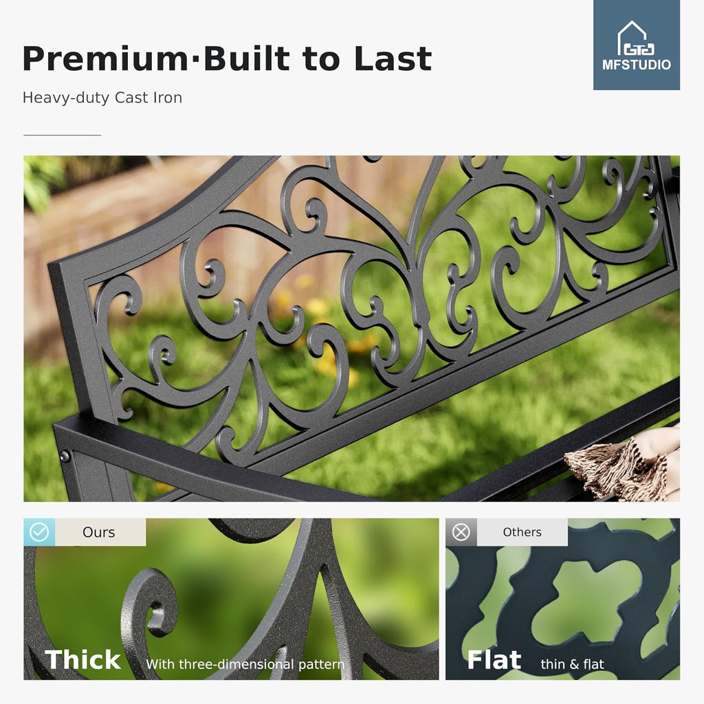 MFSTUDIO 43.7 Inches Outdoor Garden Bench, Cast Iron Metal Frame Patio Park Outside Benches with Floral Pattern Backrest for Front Porch, Black, Camelback