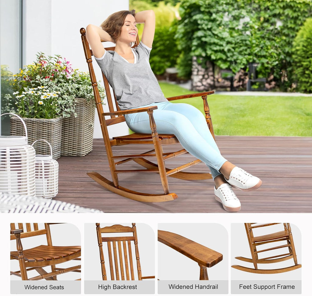 VINGLI Wooden Rocking Chair, Outdoor Chair with 450 lbs Support (Teak, 2PCS)