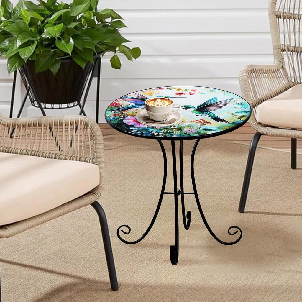 VEWOGARDEN Outdoor Side Table, 18" Weather Resistant Metal End Table with Hummingbird and Flower Design for Patio Porch Garden Balcony Yard
