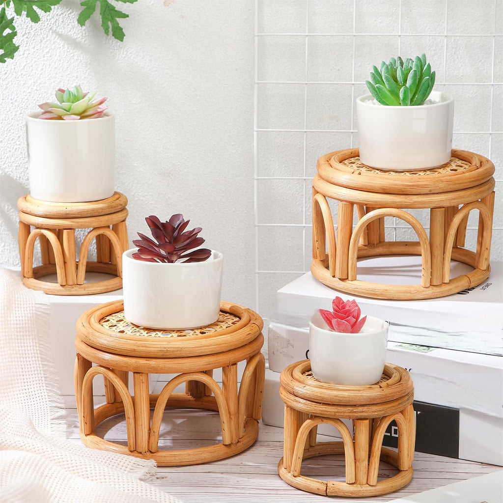 Wenqik 4 Pcs Boho Rattan Plant Stand Woven Wicker Round Riser Stand Indoor Rustic Farmhouse Natural Circle Plant Pedestal Round Accent Centerpiece for Home Kitchen Office Display, 2 Size