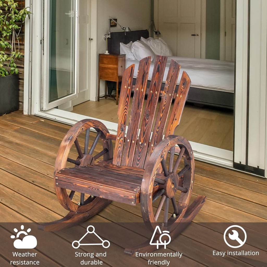 Outvita Adirondack Rocking Chair, Wood Wagon Rocker, Outdoor Wooden Carbonized Lounge Chairs with Wheel Armrest for Garden Patio Country Yard Porch, Fir
