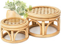 Set of 2 Small Boho Rattan Wicker Round Riser Plant Stand Indoor,Rustic Farmhouse Natural Wooden Circle Pedestal for Decor & Display, Tabletop, Office Decor