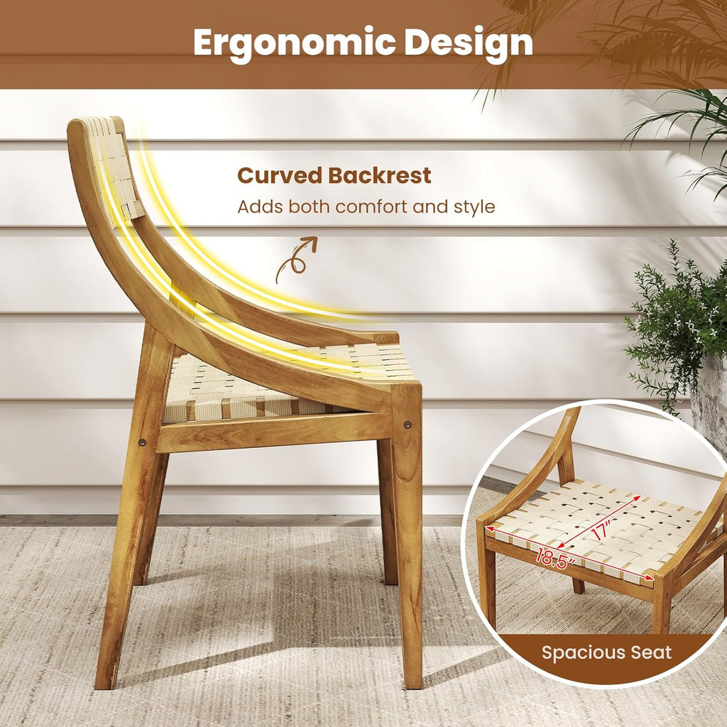 Tangkula Outdoor Dining Chair, Teak Wood Armless Patio Chair w/Webbing Seat & Backrest, Mid Century Wooden Chair for Dining Room, Porch, Backyard, Lawn, Garden, Deck (Natural,1)