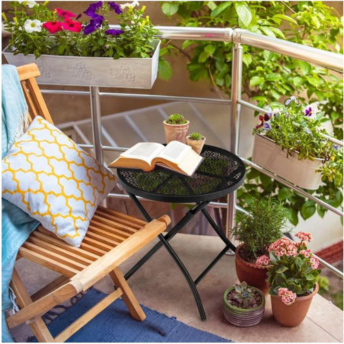 18 inch Folding Patio Side Table, Metal Outdoor Coffee Table with Flower Design, Round Bistro Table for Patio, Balcony, Garden - Black