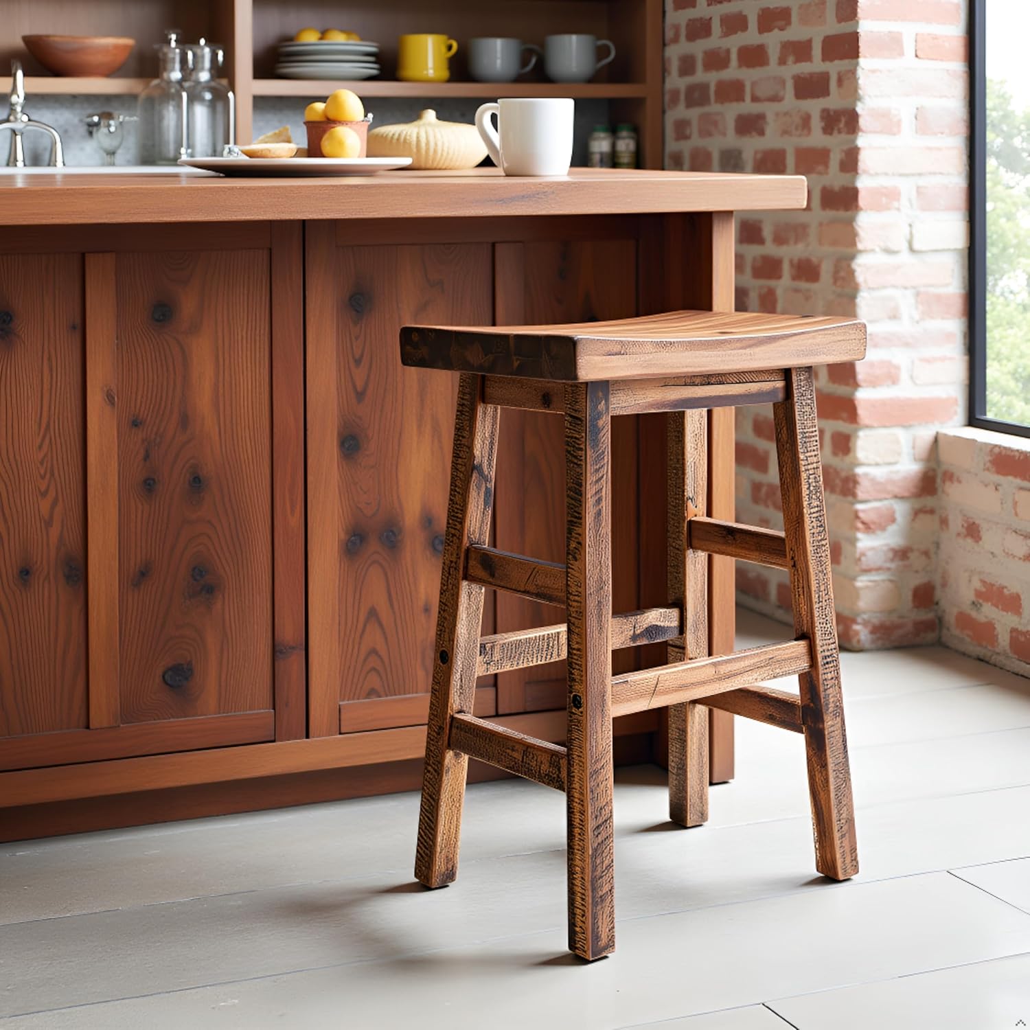 Alaterre Furniture Durango 26-Inch Tall Industrial Wood Counter-Height Stool Bar Stool, Kitchen, Seating, Vintage-Style Saddle Seat, Comfort, Rustic Industrial, Light or Dark Tone Lacquer Finish