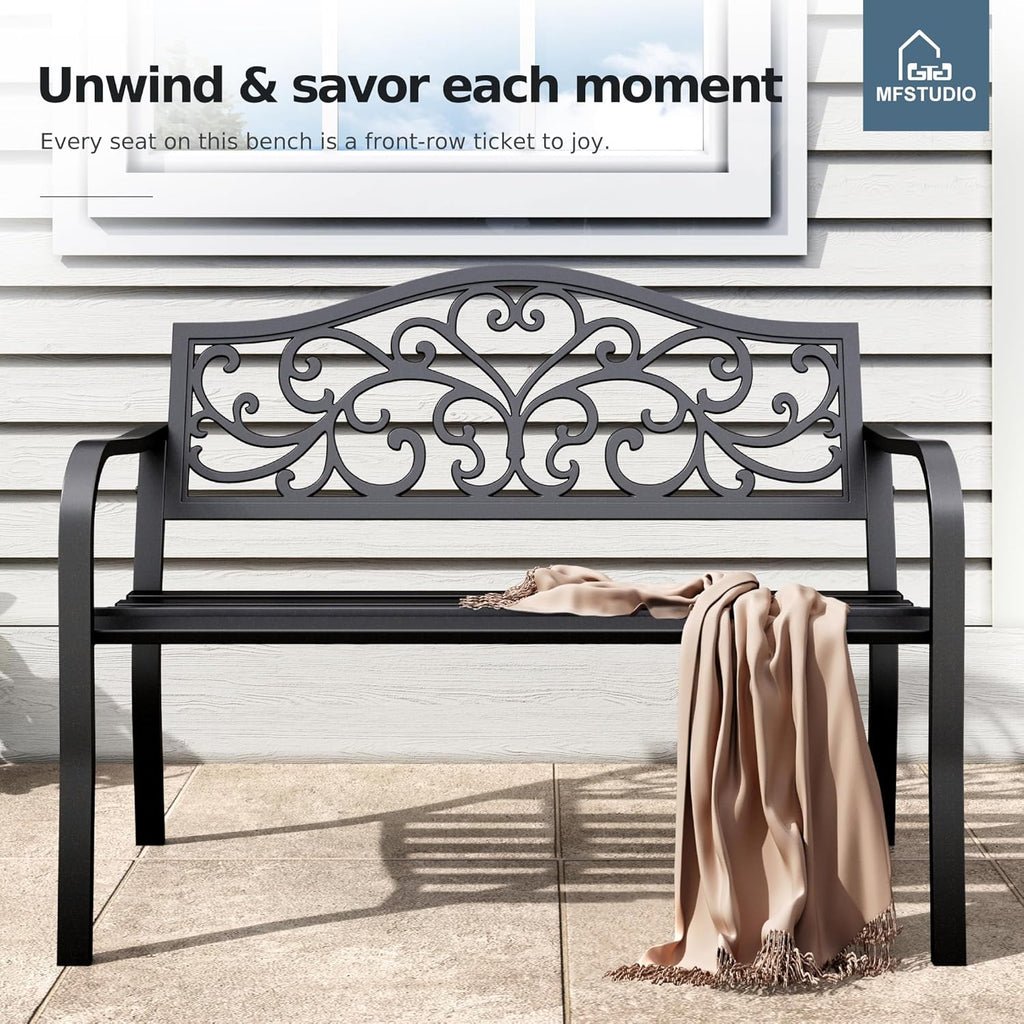 MFSTUDIO 43.7 Inches Outdoor Garden Bench, Cast Iron Metal Frame Patio Park Outside Benches with Floral Pattern Backrest for Front Porch, Black, Camelback