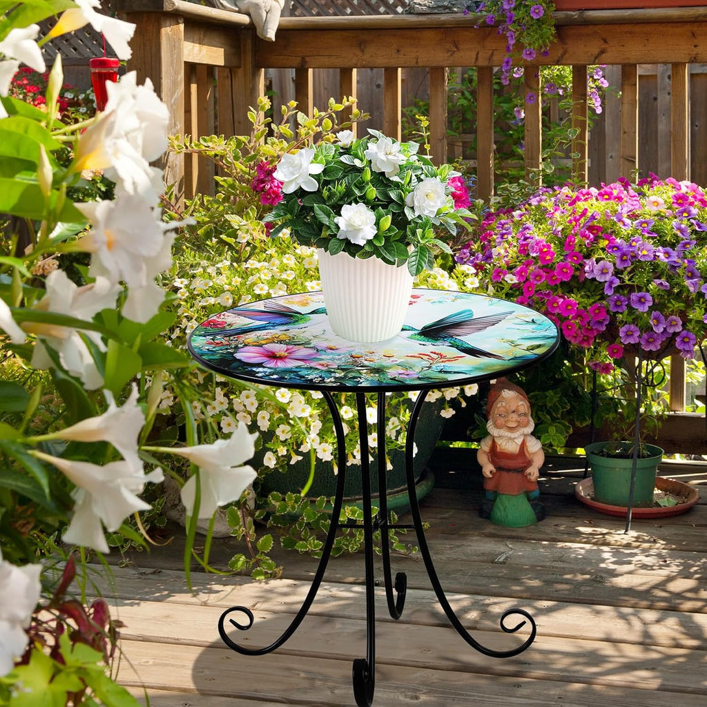 VEWOGARDEN Outdoor Side Table, 18" Weather Resistant Metal End Table with Hummingbird and Flower Design for Patio Porch Garden Balcony Yard